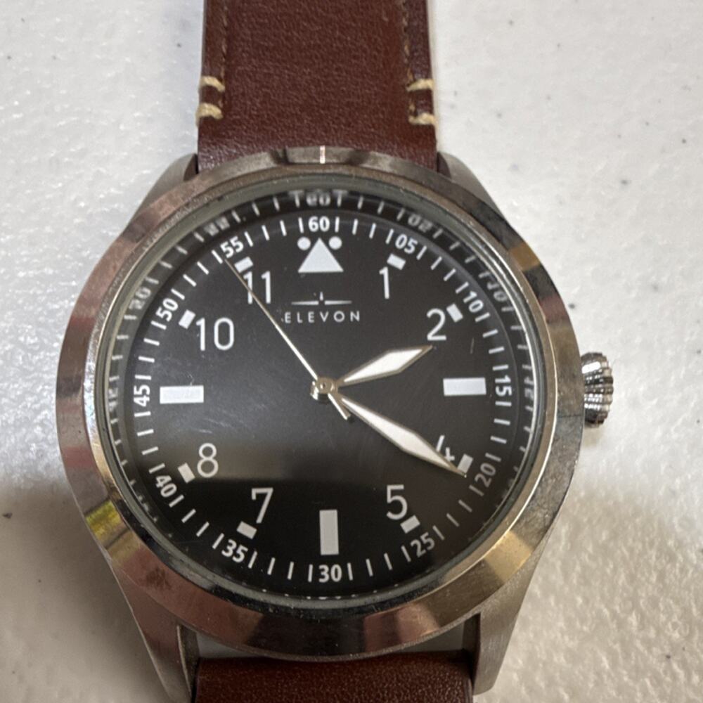 Elevon Men's Watch Black Dial 42mm Case New Band & Battery 22mm Leather (B26)